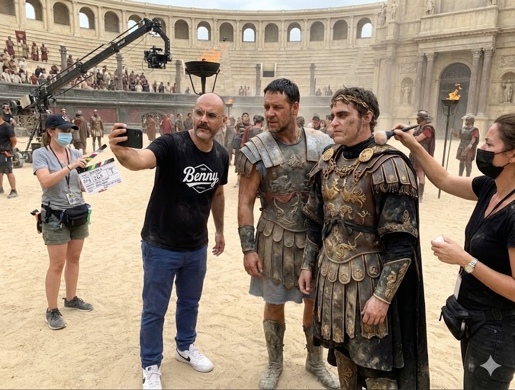 Participando das gravações do filme Gladiador I